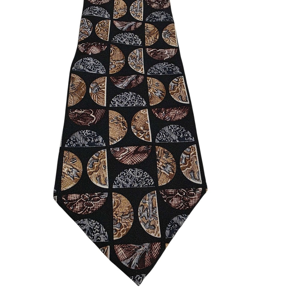 NIPON All Silk Geometric Pattern Necktie Black Gold Brown Men's Formal Power - Picture 6 of 11